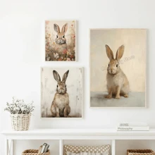 1 pieza Cartel de arte de pared Animales botánicos vintage Pascua Conejo Conejito en campo de flores Liebre Póster de cabaña Pintura en lienzo Arte de pared Decoración para el hogar Regalo perfecto para estudio y sala de estar Decoración Canvas sin marco