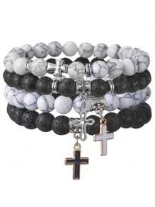 2pcs/4pcs/6pcs Classic Men's Beaded Cross Pendant Bracelet Set, Casual Daily Wear, Gift For Boyfriend, Husband, Father, Son