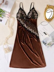 Metallic Trim Embroidered Lace Splice Velvet High Slit Sexy Camisole Nightgown - Coffee Brown - View 6