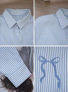 Blusa de mujer a rayas azules y blancas con lazo, camisa de manga larga de ajuste holgado y ligera, para otoño/invierno