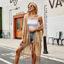 Mid-Length Faux Pearl Beach Kimono Cover Up, Sun Protection - Gold - View 2