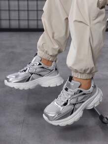 1 Pair Lightweight Youth Casual Sneakers, Breathable Mesh Upper, Fashion Color Matching, Daily Wear Lace-Up Low Top, Shock Absorbing Cap Toe, Sports Shoe For Campus Students
