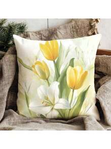 4pcs New Tulip Flower Series Pillow Case, Soft Polyester Plush Cushion Cover For Sofa