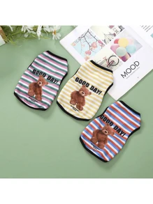 条纹卡通印花宠物背心衬衫，透气狗/猫衣服薄款无袖背心 - 藍色 - 查看 1