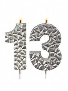 全新 6 厘米银色钻石形数字蜡烛 0-9，银质生日周年派对蛋糕装饰