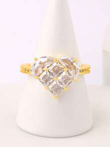 1pc Valentine's Day 18k Gold Plated Copper Metal Zirconia Heart Shaped Ring, Luxury Jewelry Gift For Women,Mom,Mother,Mother's Day,Gift