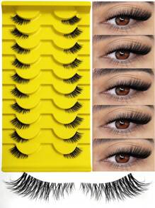10 Pairs Half Lashes With Clear Band Cat Eye Tail Elongated Eyelashes Natural Look Wispy Faux Mink Lashes Fluffy Soft False Eyelashes Natural Makeup,Suitable For Everyday Wear, Party Wear, Valentine's Day Makeup