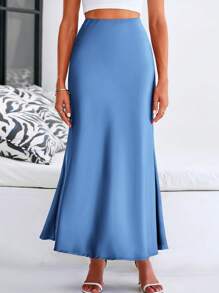 Women Spring Satin Silk Skirt High Waist Flared A-Line Long Maxi Skirt Solid Color Summer Elegant Cocktail Party Evening Wedding Club Valentine Long Skirt - Màu xanh lam - Xem 4