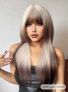 1-Piece Synthetic Heat-Resistant Chocolate Brown-Green Ombre Wig With Bangs 24 Inches Long Fully Machine-Woven Natural And Realistic Mermaid-Style Wig