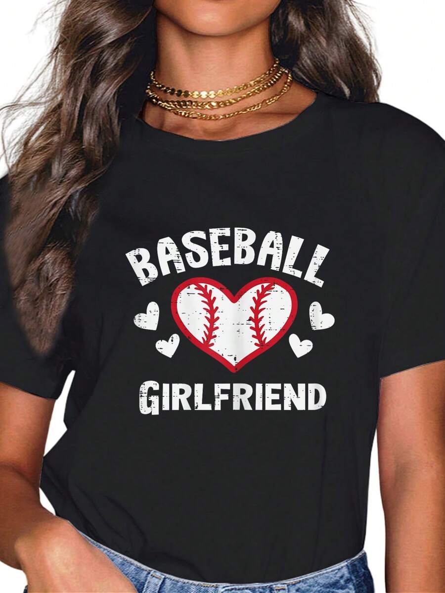 100% Cotton Casual Tshirt Baseball Girlfriend Heart Family Matching GF Girls Women T-Shirt - Black - View 1