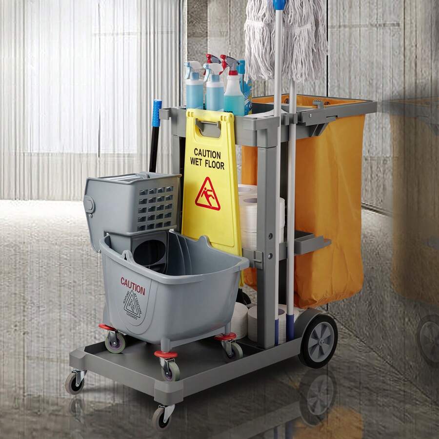 Cleaning Cart, 3-Shelf Commercial Janitorial Cart, 200 Lbs Capacity Plastic Housekeeping Cart, With 25 Gallon PVC Bag And Cover, 47" X 20" X 38.6" - Grey, With PVC Bag - View 1