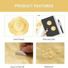 100 pegatinas con sello de cera en relieve, sello de metal en relieve retro, pegatinas de boda, pegatinas doradas, pegatinas de sobres con forma de corazón, para bodas, fiestas de cumpleaños, sobres de regalo del Día de la Madre