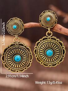 MONLOTTI Retro Cowgirl Western Totem Engraved Geometric Patchwork Vintage Golden Earrings, High Quality Boho Turquoise Jewelry For Women, Suitable For Daily, Festival, Party Wear, All-Occasion Outfit