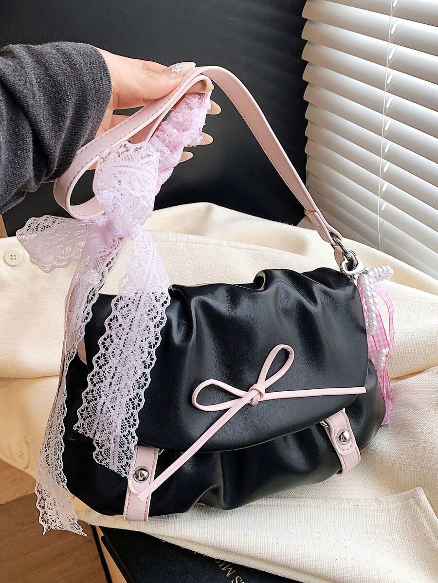 1 pieza Bolso de mujer con bloques de color y pliegues tipo nube, bolso de hombro/cruzado de estilo Y2K con lazo elegante, apropiado para festivales, citas, regalos