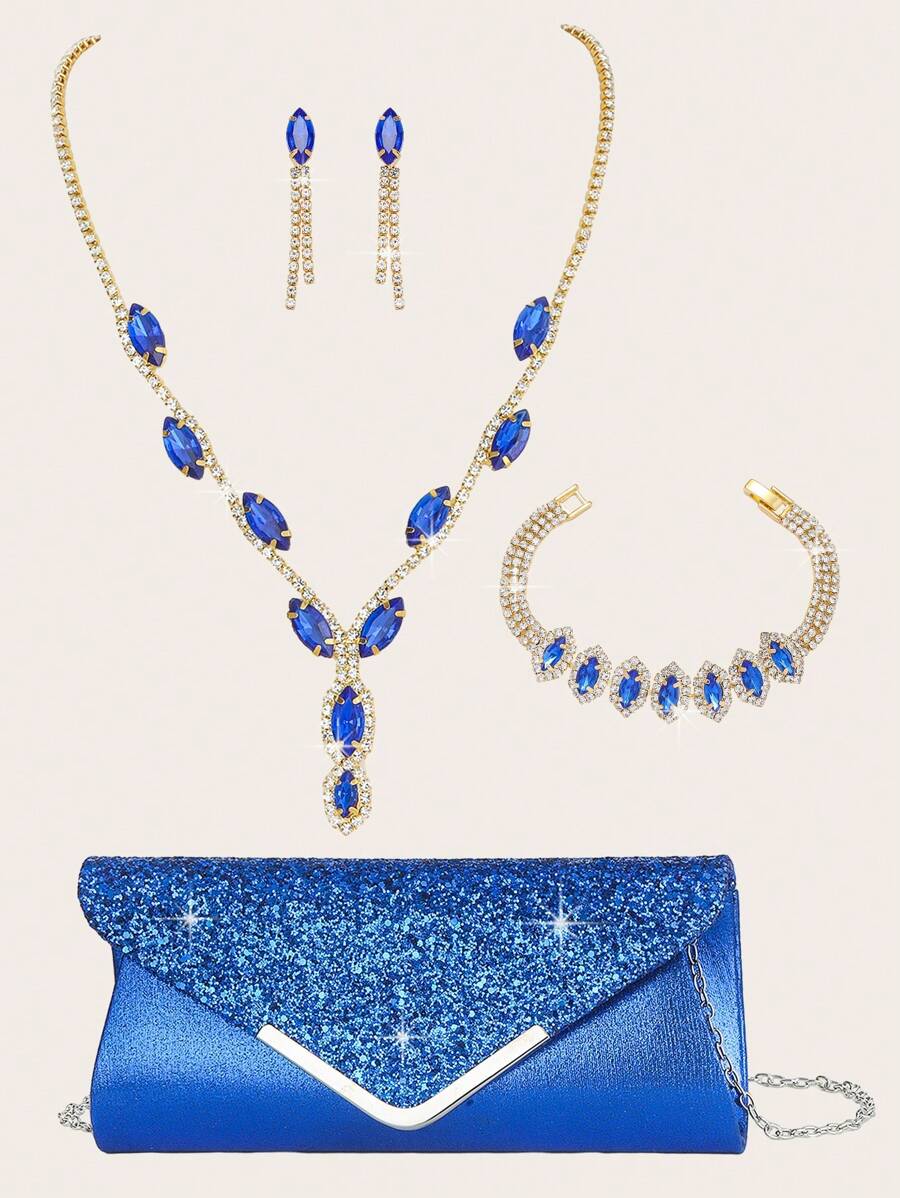 4 件套水钻首饰套装 金色闪亮项链耳环手链套装 女士晚礼服手拿包 新娘婚礼贝壳优雅信封包 女士球带可拆卸金属链 婚礼和派对 女士单肩包 女士包 女士手提包 多功能闪光手提包 鸡尾酒会婚礼新款钱包 宴会包 - 金藍色 - 查看 1