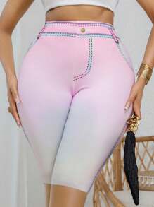 Plus Size Women's High Elasticity Skin-Tight Shorts, Whole Body Ombre Color Print Pattern, Lady's Casual Comfortable Fashion Knit Outdoor Sports Shorts - Pink - View 4