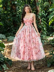 Faeriesty Princess Beauty Luxury Strapless A-Line Evening Gown With 3D Floral Embroidery & Adjustable Back Tie Closure - Formal Dresses For Gala Dinners, Wedding Receptions, Red Carpet Events