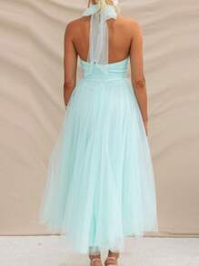 Womens Backless Long Dress Adjustable Tie Halter Neck Tulle High Waist Solid Cocktail Party Wedding Dress - 淺藍色 - 查看 4