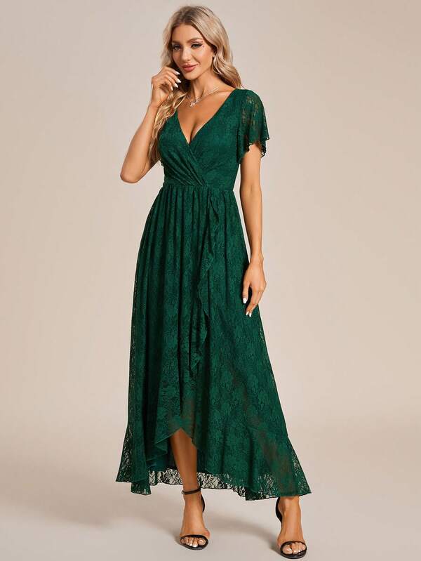 Women V-Neck Lace Elegant Ruched Bust Ruffle Trim Wrap Hem Chiffon Dark Green Bridesmaid Dress Wedding Guest Gown For Wedding