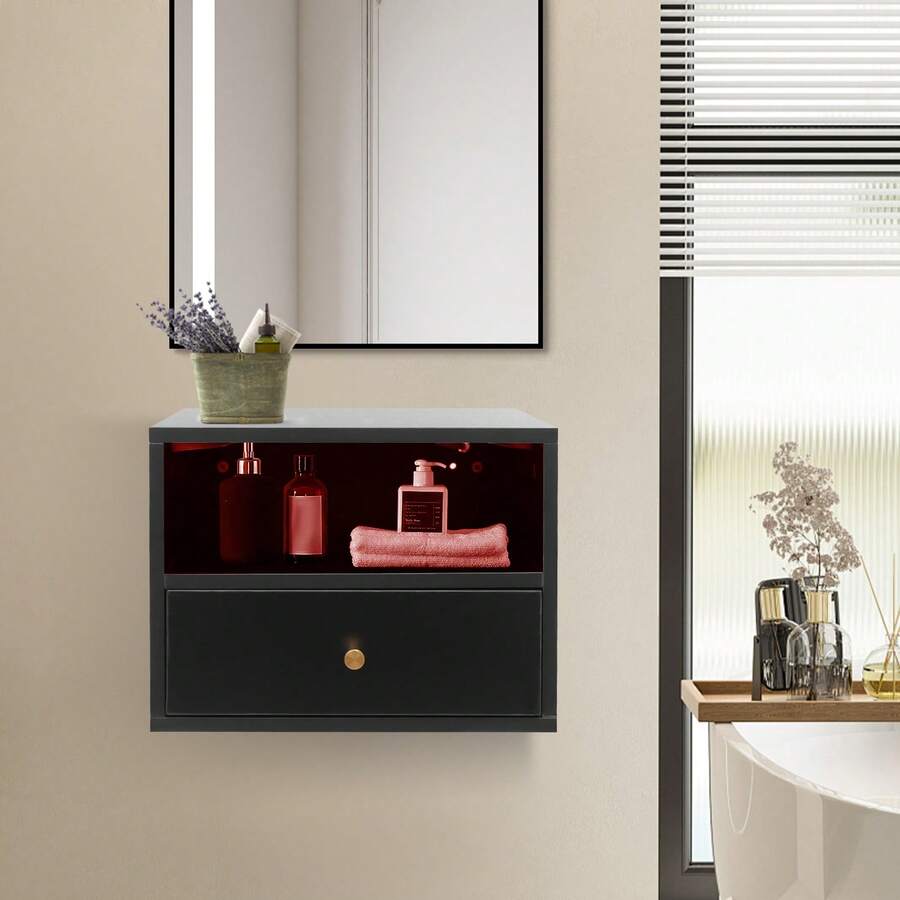 TFCFL Floating Nightstand With Slide Drawers, Floating Bedside Cabinet, Floating Bedside Table With Drawers 17.72*11.81*13.78in - 黑色 - 查看 1