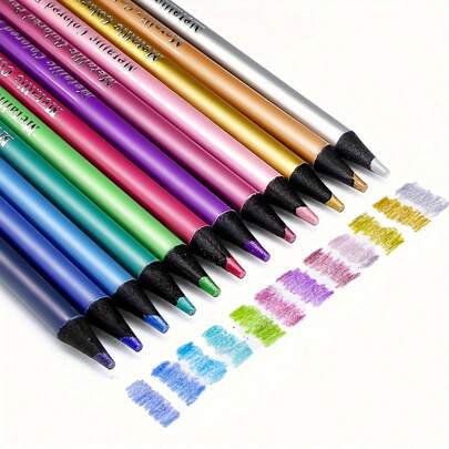 12 Color Shiny Metal Colored Pencils, Shiny Drawing Pencils, Glossy Art Pencils, DIY Craft Supplies, Clip Art Pencils, Aesthetic Stationery, Artist Gifts, Sketch Illustration Pens, Used For Bright Color Tones In Art And Black Paper