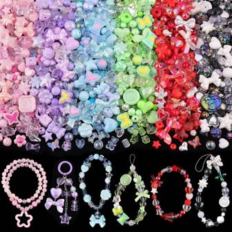 20g-120g Mixed Acrylic Beads For Bracelet Making, GummyBear Flower Bow Butterfly Star Heart-Shaped Gummy Bear Kawaii Bracelet Pendant, Cute Beads For Jewelry Making DIY Necklace Keychain Mobile Phone Accessories