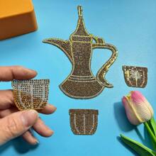 4pcs/Set Crystal Teapot & Cup Pattern Decorative Rhinestones Stickers For Clothing, DIY Accessories Crafts