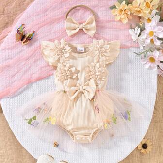 Set da 2 pezzi, Tutina con maniche a cappuccio e volant esagerati in rete, e fascia per capelli color cachi con costina