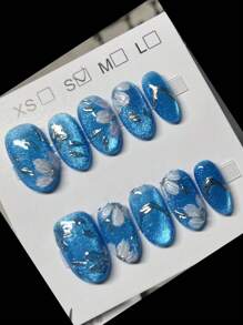 10 piezas de uñas postizas hechas a mano de color azul zafiro, uñas postizas de cobertura completa con forma de almendra y efecto de ojo de gato de lujo, un imprescindible de moda para crear un aspecto encantador, adecuado para mujeres y niñas, para uso diario o festivo. Suministros de uñas