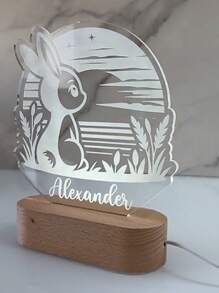 1 pieza Luz de noche personalizada con conejo LED - Placa de foto de conejito personalizada con Spotify, con base de madera 3D y acrílico, regalo romántico de señal luminosa para decoración de pared, dormitorio, habitación de niños, oficina en casa, para Pascua/Aniversario/Inauguración de la casa/Cumpleaños/Navidad/Acción de Gracias/Halloween