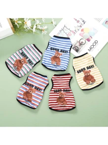 条纹卡通印花宠物背心衬衫，透气狗/猫衣服薄款无袖背心 - 藍色 - 查看 8