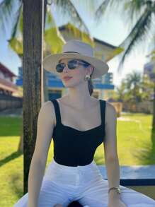 1pc Women Beige Western Cowgirl Style UPF50+ Sun Protection Panama Straw Hat With Black Decor, Vintage Style, Lightweight, Breathable, Suitable For Beach, Travel, Wedding Season, Music Festival, Valentine's Day Gift