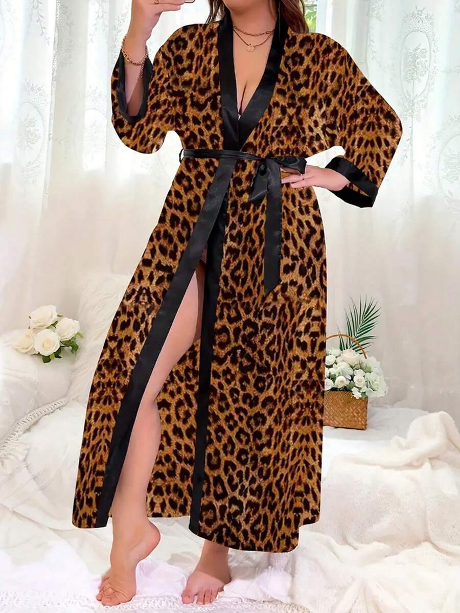 Vintage Oversized Plus Size Leopard Print Long Kimono Cover Up, Sexy Loose Casual Beachcover Up, Summer - Coffee Brown - View 1