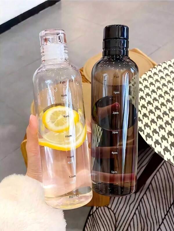Botella de agua transparente de 500ml/17 oz con escala de tiempo - Botella de agua cristalina - Rastreador de hidratación marcado por hora, de plástico irrompible para gimnasio / senderismo / viaje, diseño a prueba de fugas con marcas de objetivo por hora (lista para arena y tropical), para exteriores, campamento