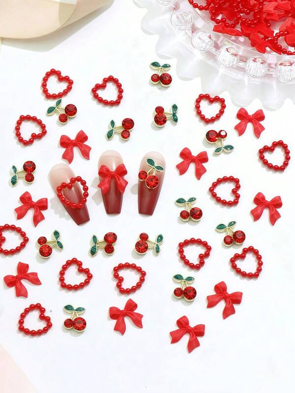 200pcs/100pcs/25Pcs Bow Nail Charms Red Acrylic Flatback Heart Nails Decoration Alloy Cherry Charms For Nails Gems And Rhinestones For Women Manicure DIY Nail Art Design Crafts