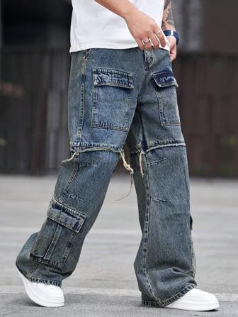 男士工装牛仔裤，重度水洗宽松阔腿牛仔裤，时尚街头服饰