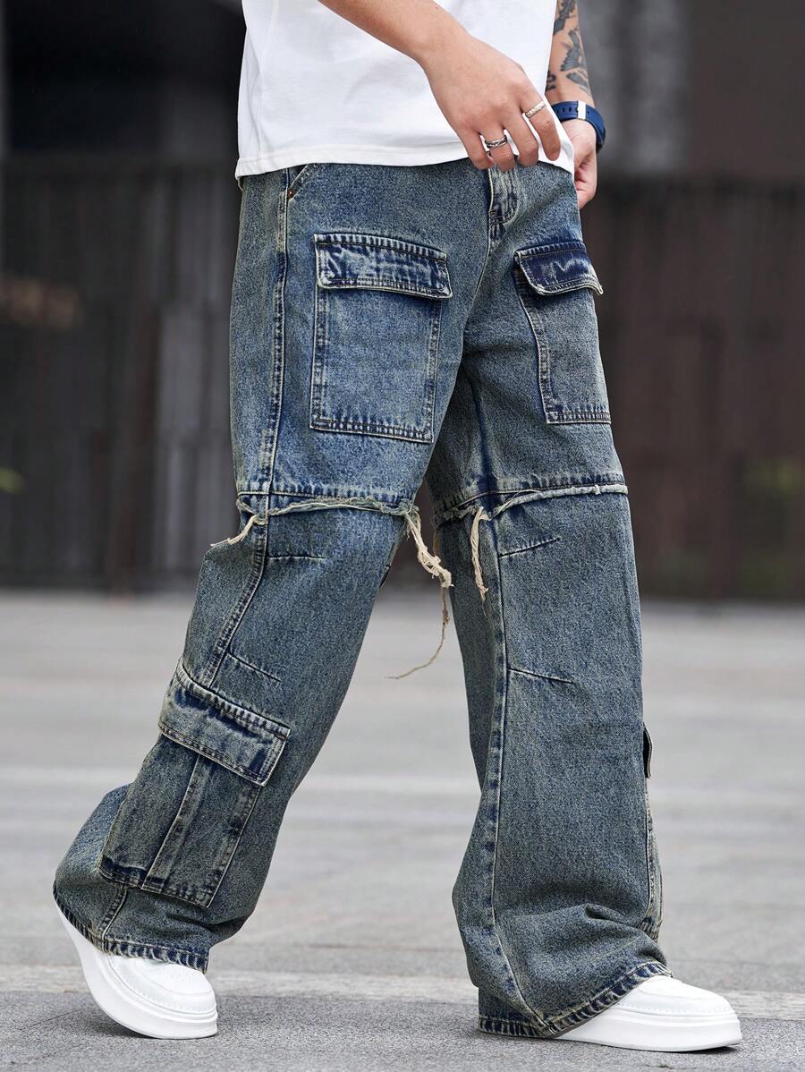 男士工装牛仔裤，重度水洗宽松阔腿牛仔裤，时尚街头服饰