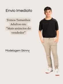 Calça Infantil Menino Sarja Com Elastano Juvenil Estilo Alfaiataria - Bege - Visão 9