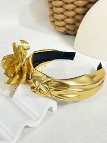 1pc Women Ramadan Gold Rose Peony Star Bead Chain Leather Star Knot Headband, Casual Polyester Fiber Headband, Suitable For Party Year Round
