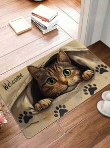 1 Pc Vivid Rectangular Lovely Welcome Cat Pattern Long-Fiber Polyester Door Mat; Machine Washable Carpet;Durable Rug For High Traffic Area; Non-Slip, Stain Resistant & Easy To Care Entryway Area Rug For Living Room, Bedroom,Dining Room, Bathroom, Kitchen, Balcony And More; Crystal Velvet Room Decor Stuff; Ideal Home Decor Stuff Choice