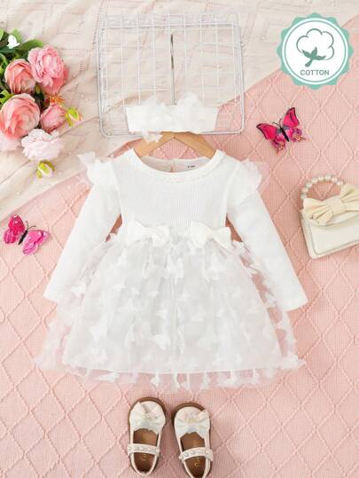 Baby Girl Pink Long Sleeve Ruffle Collar Mixed Butterfly Net Mesh Dress & 2 Pieces Outfit, Cute For Parties, Spring & Autumn