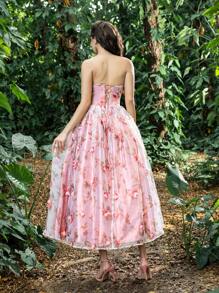 Faeriesty Princess Beauty Luxury Strapless A-Line Evening Gown With 3D Floral Embroidery & Adjustable Back Tie Closure - Formal Dresses For Gala Dinners, Wedding Receptions, Red Carpet Events