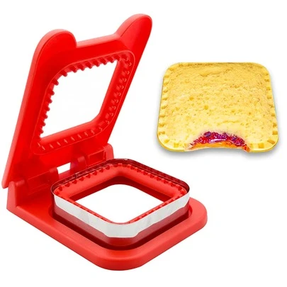 1 件不锈钢面包切片机、三明治切刀模具、吐司口袋面包工具、压花吐司切刀、红色方形、绿色圆形