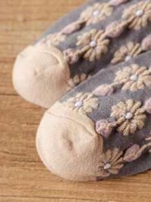 5/10/20 pares Calcetines cortos y versátiles para mujer con patrón de flor 3D en relieve, estilo retro, transpirables