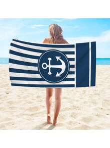 1pc Striped Anchor Print Beach Towel, Soft & Absorbent Sunbathing Towel, Extra Large & Heavy Weight Towel, Travel & Beach Towel, Gym, Swimming Pool, Bathroom, Camping, Yoga Adult Towel