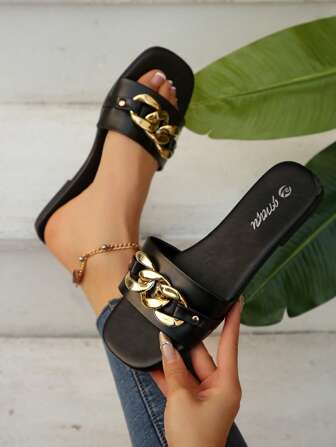 女式宽头圆头平底一脚蹬拖鞋，黑色，休闲，低跟，度假，夏季，适合大脚