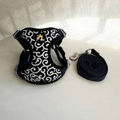 Chinese Style Traditional Arabesque Patterned Adjustable Chest/Back Pet Harness Leash For Medium & Small Dogs, Suitable For Poodle, Teddy, Chihuahua