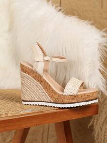 Women's Beige Wedge Platform Casual Comfortable Woven Chain & Rope Decor Wood Grain Design Sandals