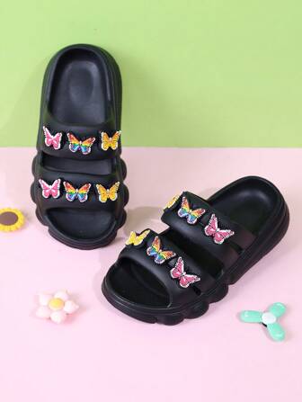1 par de sandalias antideslizantes para niña, zapatos playeros con diseño de mariposa y slip-on para bebés, para verano