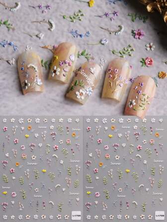 2 Sheets Spring And Summer Wedding Small Flower Embossed Nail Art Stickers, Summer Small Flower Embossed Nail Art Decals, 5D Adhesive Back Nail Art Self-Adhesive Decorative Accessories For Acrylic Nails, Ladies And Girls Nail Art Supplies, Holiday Gifts